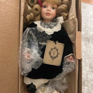 Vintage Porcelain Doll with Navy Velvet Dress